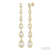 1 1/2 ctw Pear Shape Fusion Baguette and Round Cut Diamond Fashion Long Earring in 14K Yellow Gold